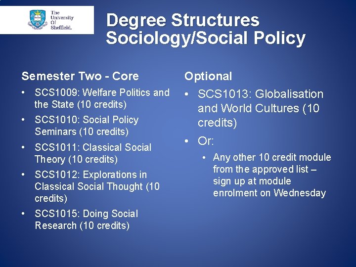 Degree Structures Sociology/Social Policy Semester Two - Core Optional • SCS 1009: Welfare Politics