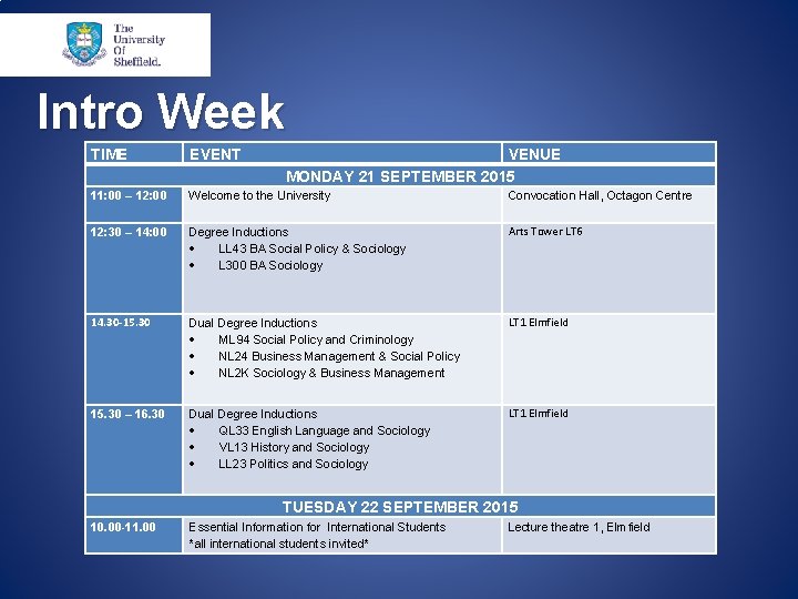 Intro Week TIME EVENT VENUE MONDAY 21 SEPTEMBER 2015 11: 00 – 12: 00