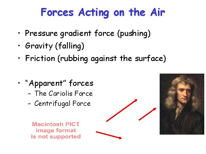 Forces Acting on the Air • Pressure gradient force (pushing) • Gravity (falling) •