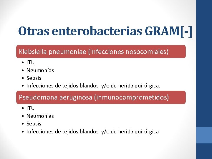 Otras enterobacterias GRAM[-] Klebsiella pneumoniae (Infecciones nosocomiales) • • ITU Neumonías Sepsis Infecciones de