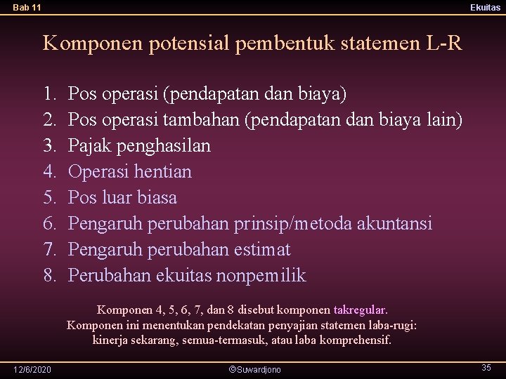 Bab 11 Ekuitas Komponen potensial pembentuk statemen L-R 1. 2. 3. 4. 5. 6.