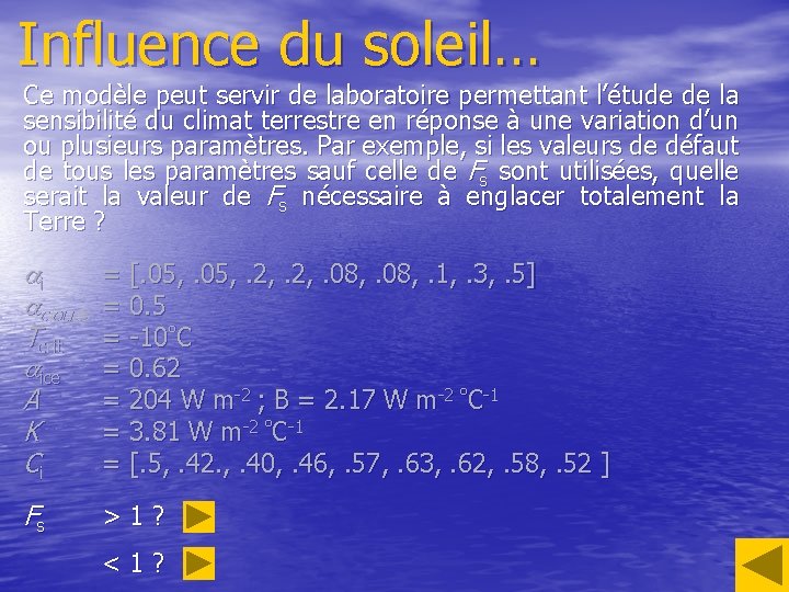 Influence du soleil… Ce modèle peut servir de laboratoire permettant l’étude de la sensibilité