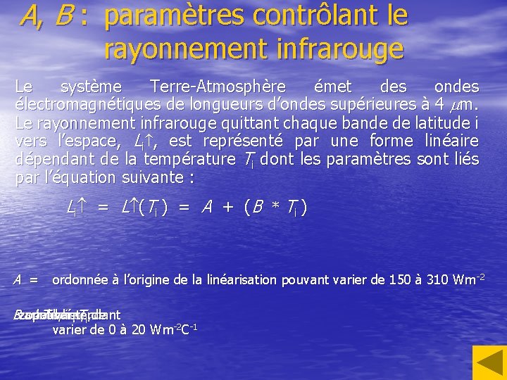 A, B : paramètres contrôlant le rayonnement infrarouge Le système Terre-Atmosphère émet des ondes