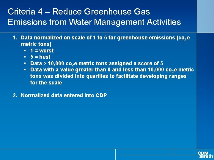 Criteria 4 – Reduce Greenhouse Gas Emissions from Water Management Activities 1. Data normalized