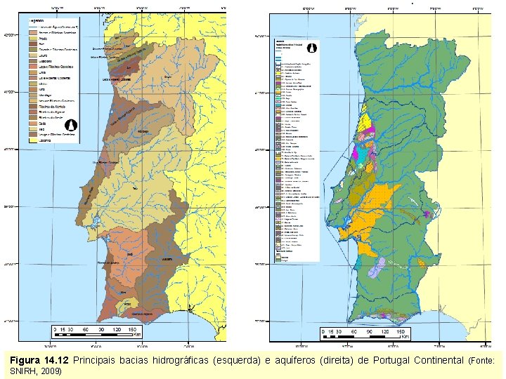 Figura 14. 12 Principais bacias hidrográficas (esquerda) e aquíferos (direita) de Portugal Continental (Fonte: