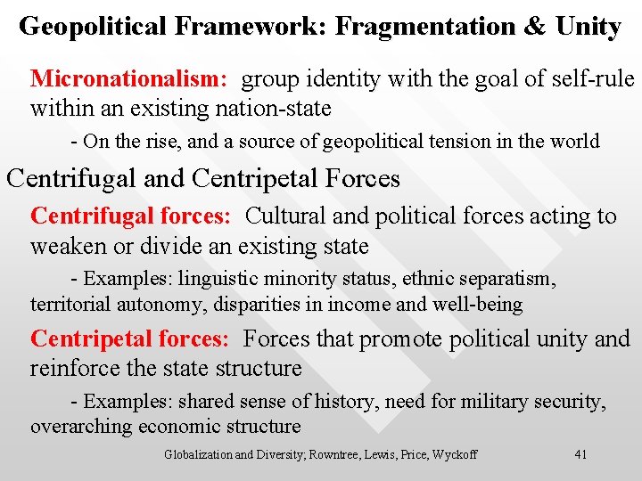 Geopolitical Framework: Fragmentation & Unity Micronationalism: group identity with the goal of self-rule within