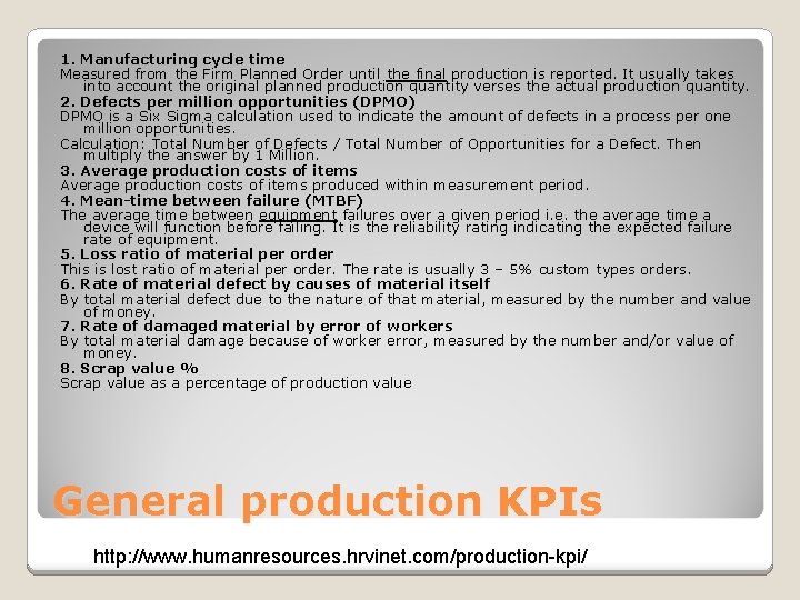 1. Manufacturing cycle time Measured from the Firm Planned Order until the final production