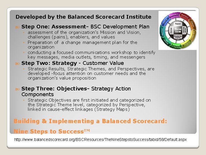 Developed by the Balanced Scorecard Institute Step One: Assessment- BSC Development Plan ◦ assessment