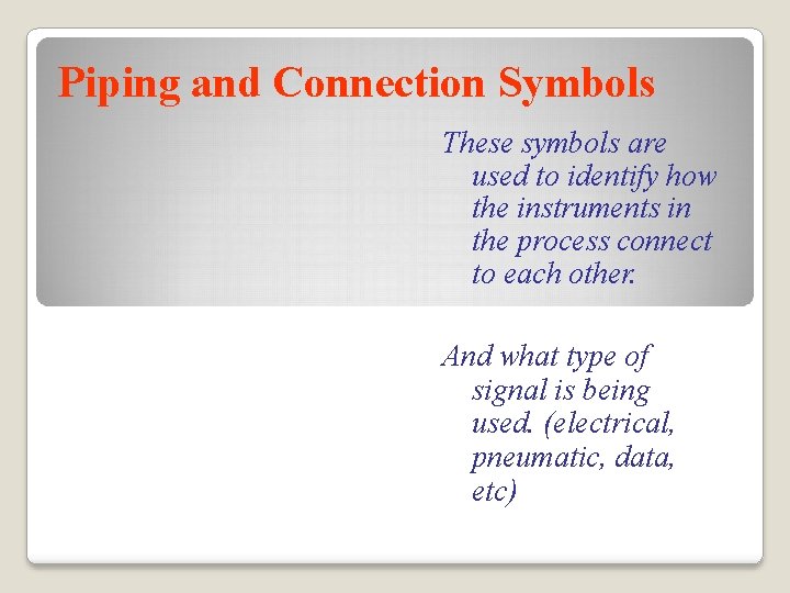 Piping and Connection Symbols These symbols are used to identify how the instruments in