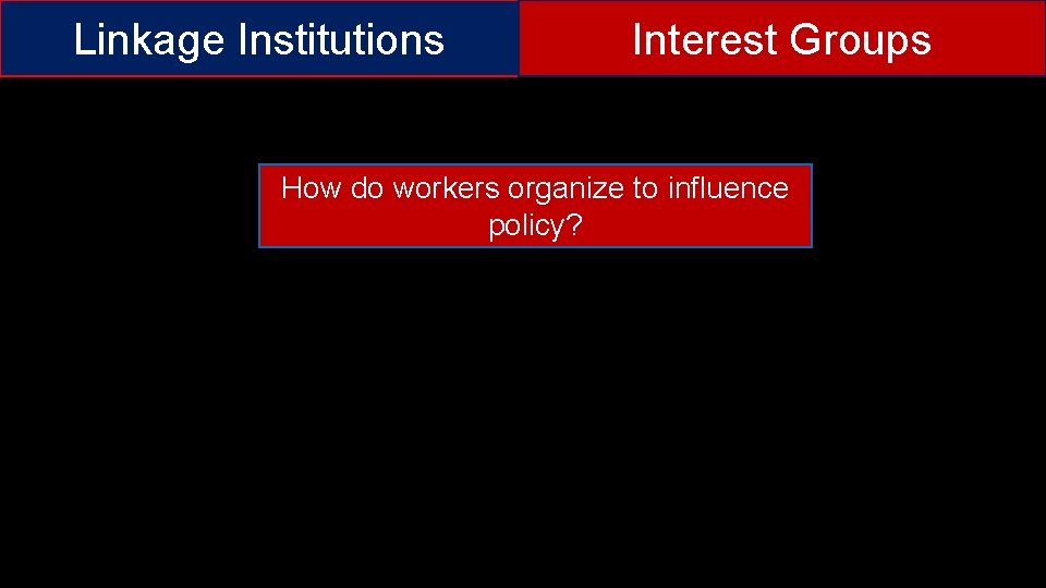 Linkage Institutions Interest Groups How do workers organize to influence policy? 