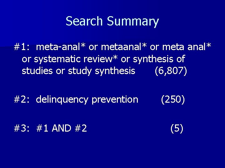 Search Summary #1: meta-anal* or meta anal* or systematic review* or synthesis of studies