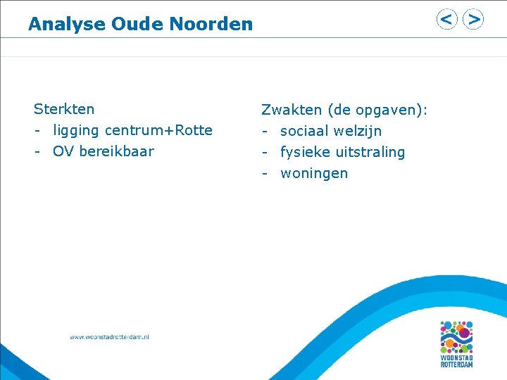 Analyse Oude Noorden Sterkten - ligging centrum+Rotte Zwakten (de opgaven): - sociaal welzijn -