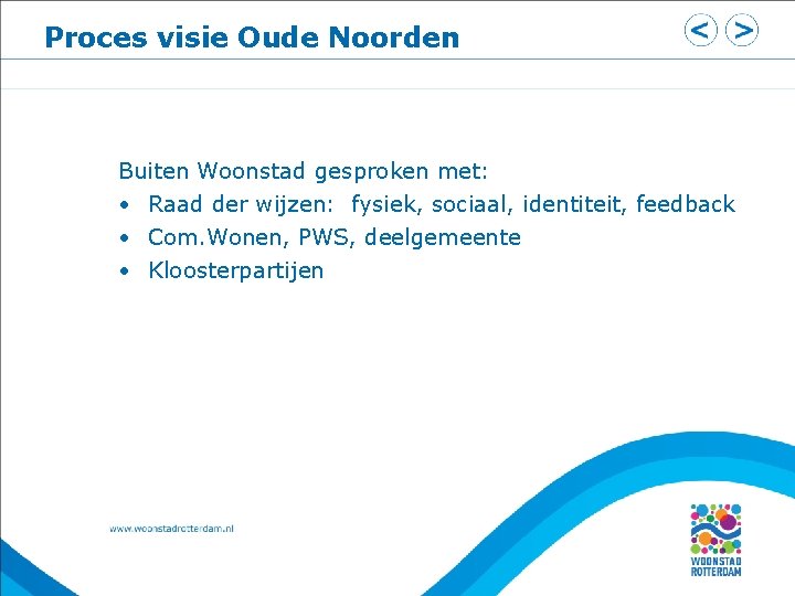 Proces visie Oude Noorden Buiten Woonstad gesproken met: • Raad der wijzen: fysiek, sociaal,