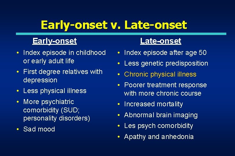 Early-onset v. Late-onset Early-onset Late-onset • Index episode in childhood or early adult life Early-onset v. Late-onset Early-onset Late-onset • Index episode in childhood or early adult life
