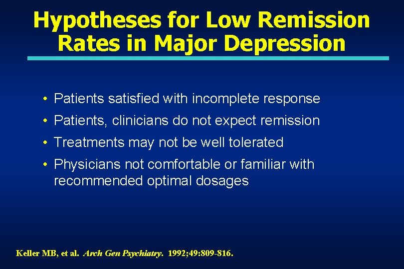 Hypotheses for Low Remission Rates in Major Depression • Patients satisfied with incomplete response Hypotheses for Low Remission Rates in Major Depression • Patients satisfied with incomplete response