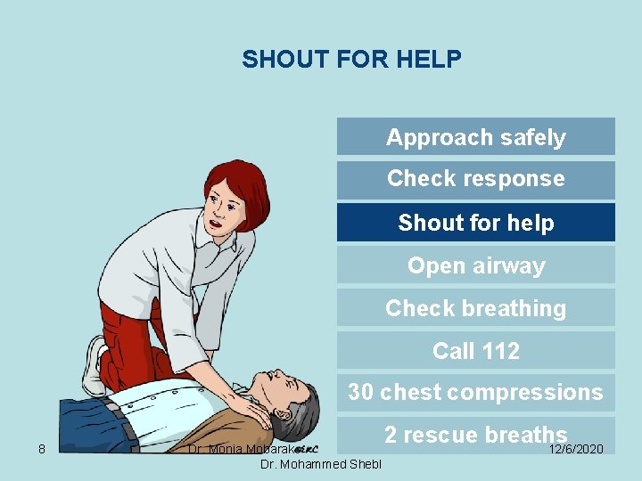 SHOUT FOR HELP Approach safely Check response Shout for help Open airway Check breathing