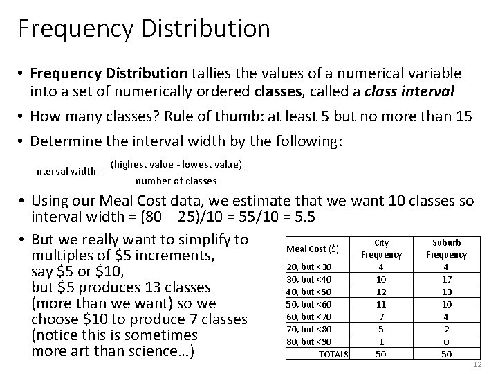 Frequency Distribution • Frequency Distribution tallies the values of a numerical variable into a