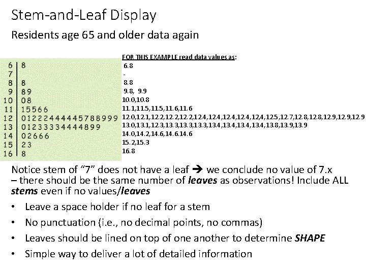 Stem-and-Leaf Display Residents age 65 and older data again FOR THIS EXAMPLE read data