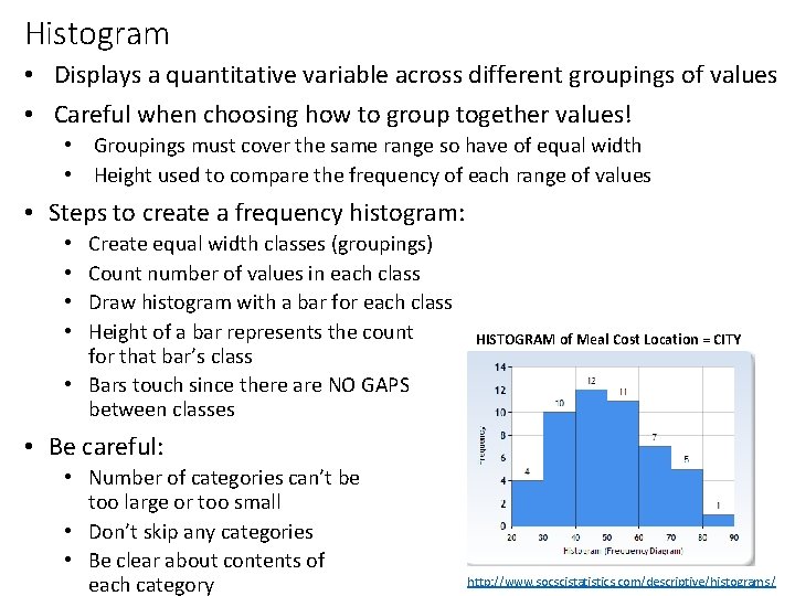 Histogram • Displays a quantitative variable across different groupings of values • Careful when