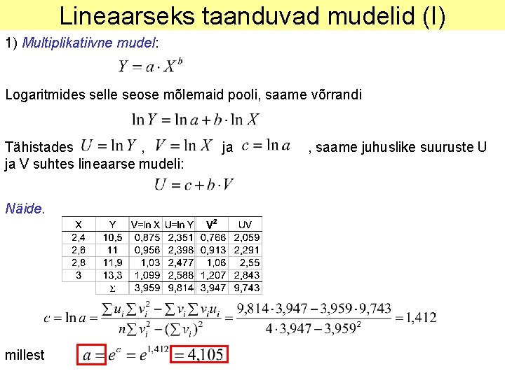 Lineaarseks taanduvad mudelid (I) 1) Multiplikatiivne mudel: Logaritmides selle seose mõlemaid pooli, saame võrrandi