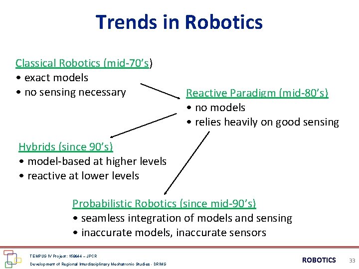 Trends in Robotics Classical Robotics (mid-70’s) • exact models • no sensing necessary Reactive