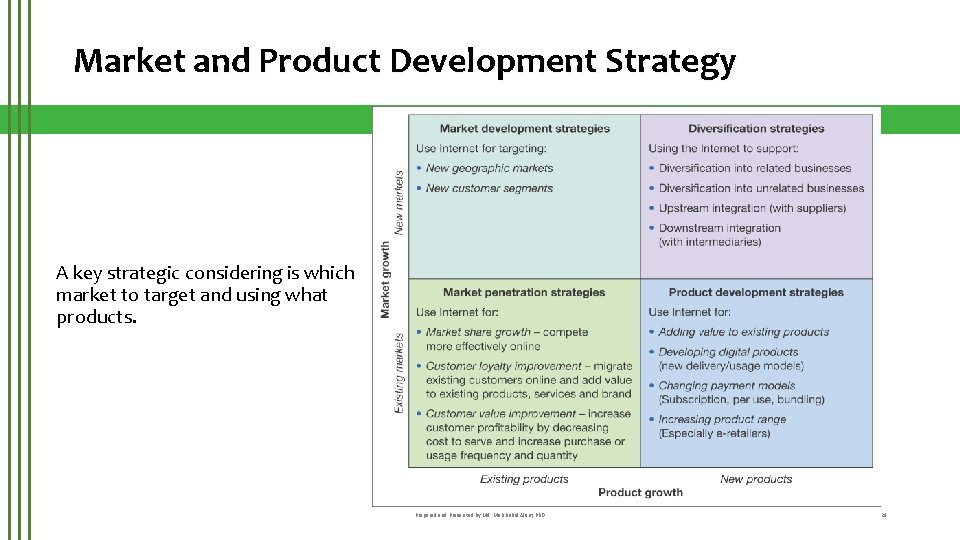 Market and Product Development Strategy A key strategic considering is which market to target
