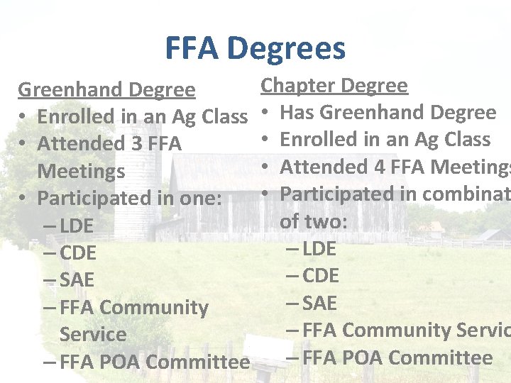 FFA Degrees Greenhand Degree • Enrolled in an Ag Class • Attended 3 FFA