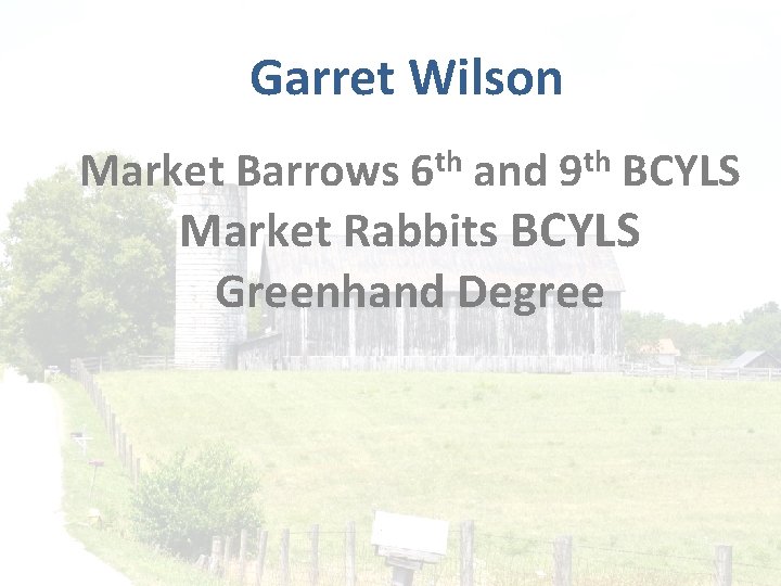 Garret Wilson Market Barrows 6 th and 9 th BCYLS Market Rabbits BCYLS Greenhand