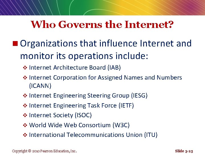 Who Governs the Internet? n Organizations that influence Internet and monitor its operations include:
