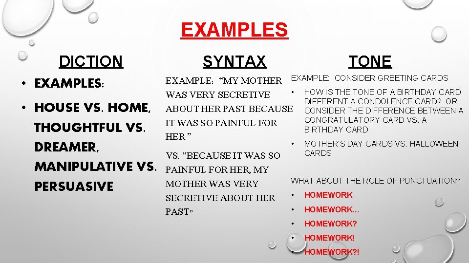 EXAMPLES DICTION • EXAMPLES: • HOUSE VS. HOME, THOUGHTFUL VS. DREAMER, MANIPULATIVE VS. PERSUASIVE EXAMPLES DICTION • EXAMPLES: • HOUSE VS. HOME, THOUGHTFUL VS. DREAMER, MANIPULATIVE VS. PERSUASIVE