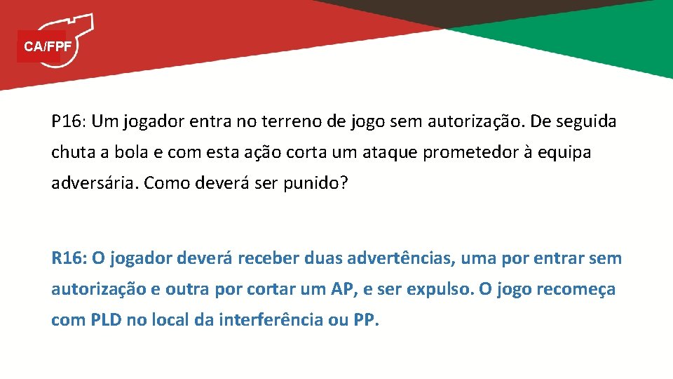 CA/FPF P 16: Um jogador entra no terreno de jogo sem autorização. De seguida