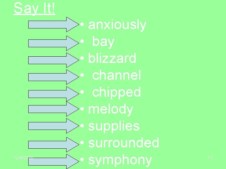 Say It! 12/6/2020 • anxiously • bay • blizzard • channel • chipped •