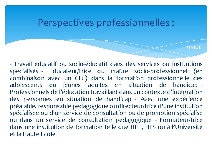 Perspectives professionnelles : UNIGE - Travail éducatif ou socio-éducatif dans des services ou institutions