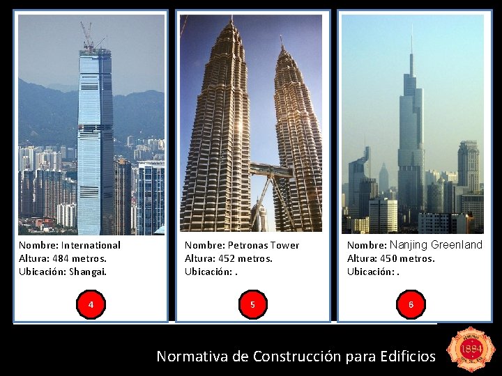Nombre: International Altura: 484 metros. Ubicación: Shangai. 4 Nombre: Petronas Tower Altura: 452 metros.