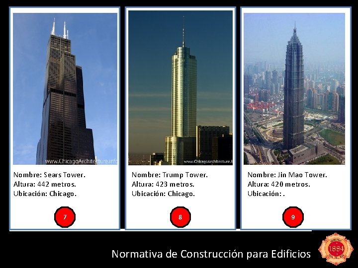 Nombre: Sears Tower. Altura: 442 metros. Ubicación: Chicago. 7 Nombre: Trump Tower. Altura: 423