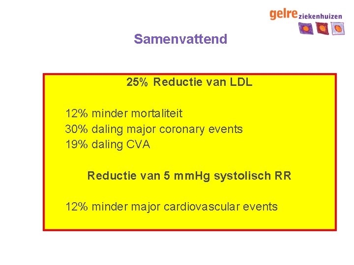 Samenvattend 25% Reductie van LDL 12% minder mortaliteit 30% daling major coronary events 19%