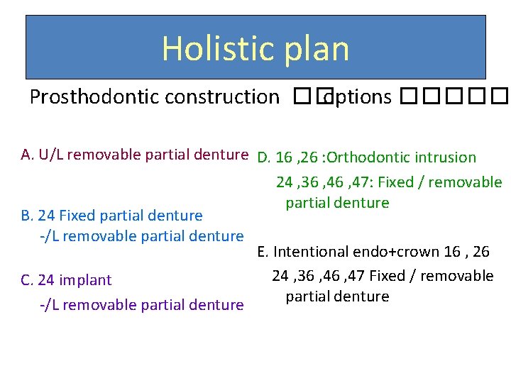 Holistic plan Prosthodontic construction �� options ����� A. U/L removable partial denture D. 16