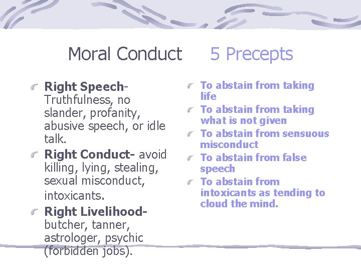 Moral Conduct Right Speech. Truthfulness, no slander, profanity, abusive speech, or idle talk. Right