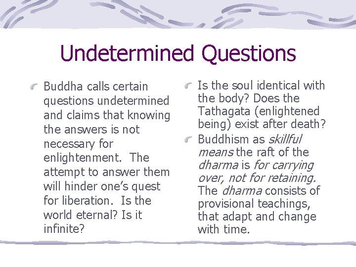 Undetermined Questions Buddha calls certain questions undetermined and claims that knowing the answers is