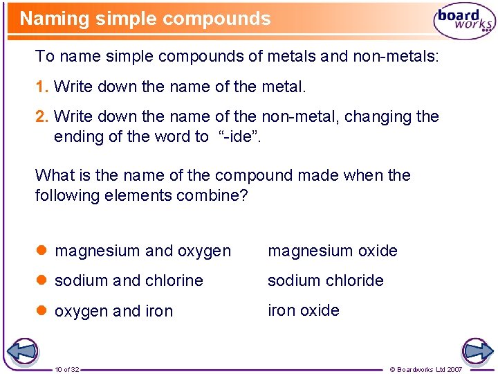 Naming simple compounds To name simple compounds of metals and non-metals: 1. Write down