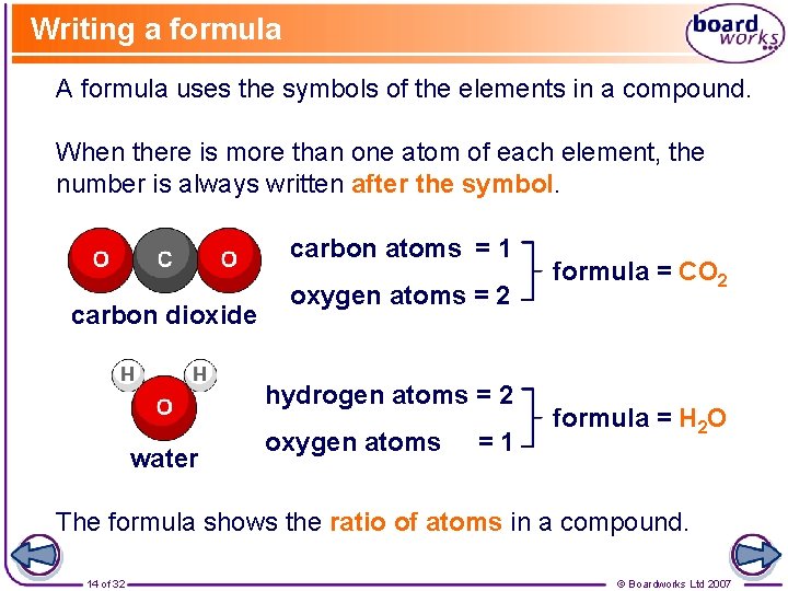 Writing a formula A formula uses the symbols of the elements in a compound.