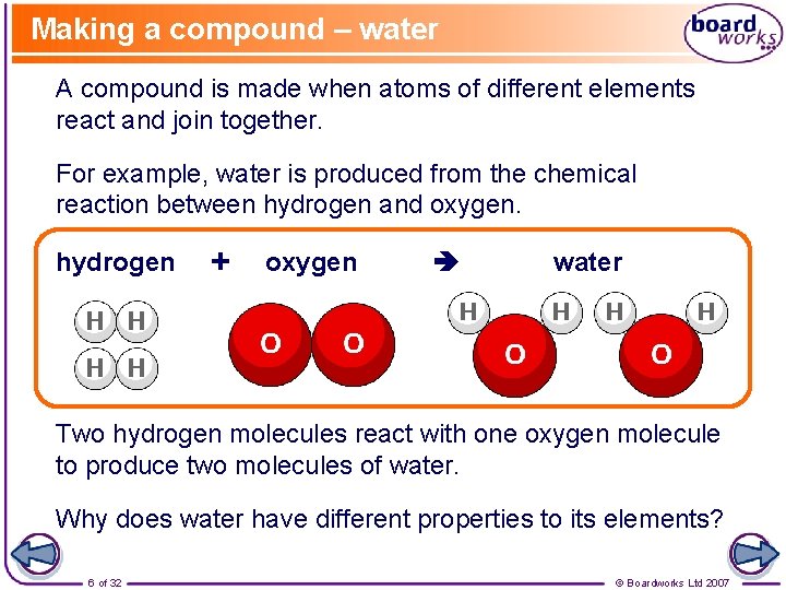 Making a compound – water A compound is made when atoms of different elements