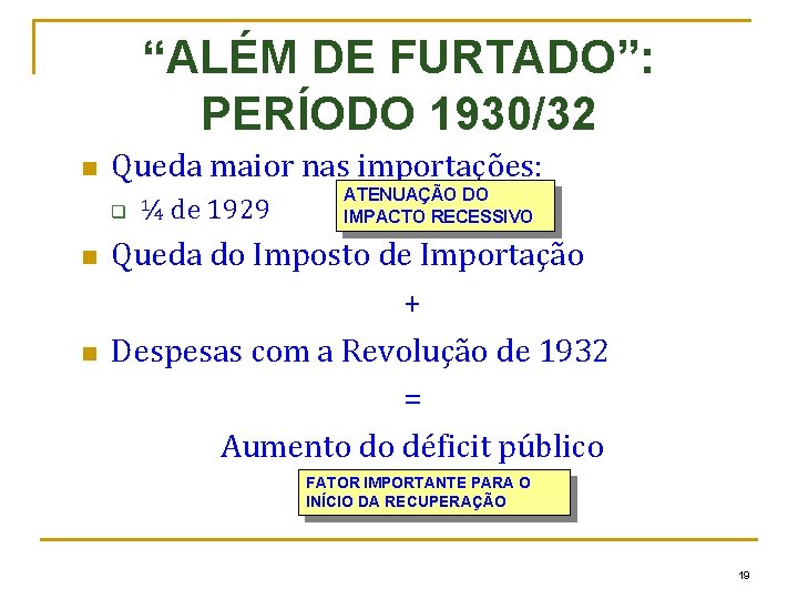 “ALÉM DE FURTADO”: PERÍODO 1930/32 n Queda maior nas importações: q n n ¼