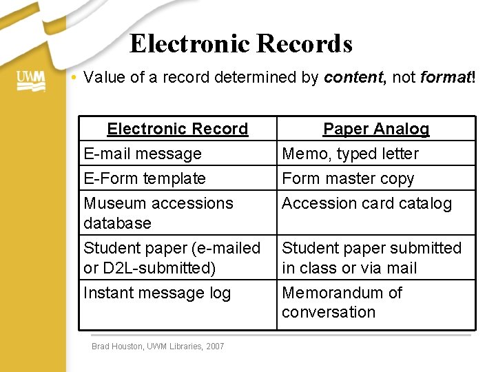 Electronic Records • Value of a record determined by content, not format! Electronic Record