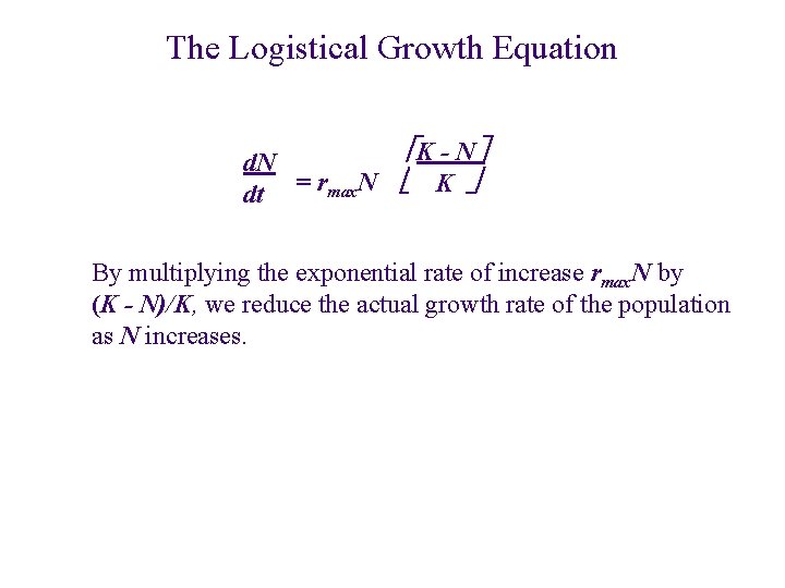 The Logistical Growth Equation K - N d. N dt = rmax. N K