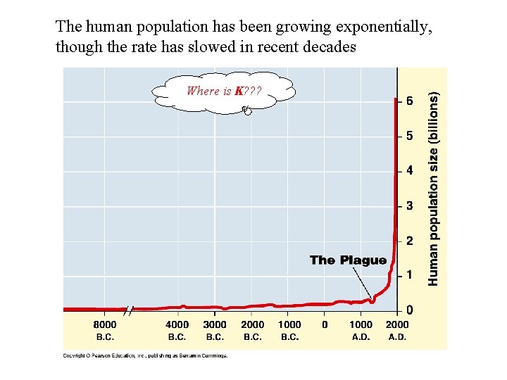 The human population has been growing exponentially, though the rate has slowed in recent