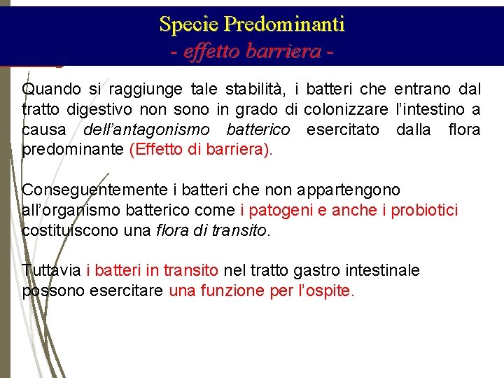 Specie Predominanti - effetto barriera Quando si raggiunge tale stabilità, i batteri che entrano
