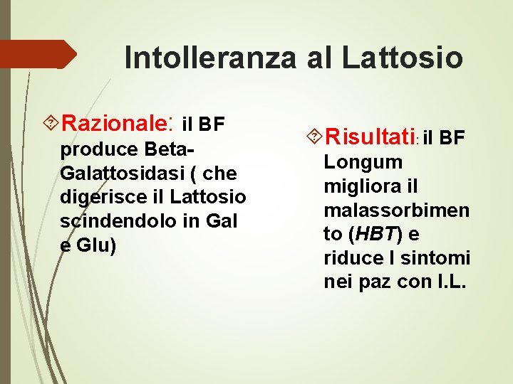 Intolleranza al Lattosio Razionale: il BF produce Beta. Galattosidasi ( che digerisce il Lattosio