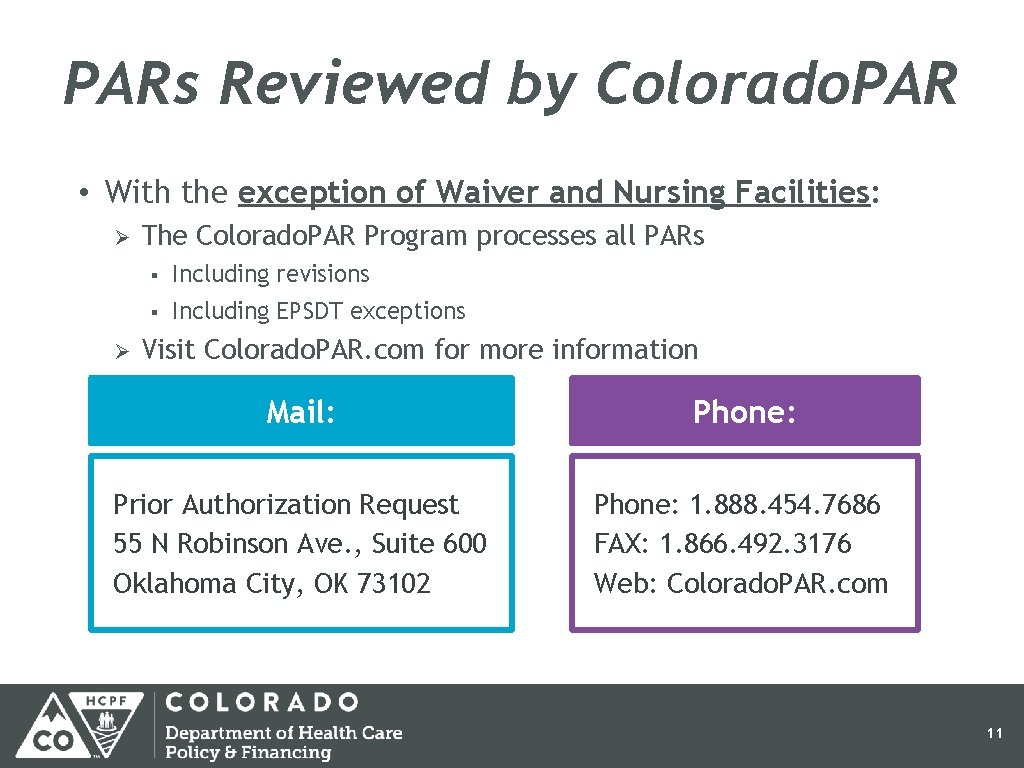 PARs Reviewed by Colorado. PAR • With the exception of Waiver and Nursing Facilities: