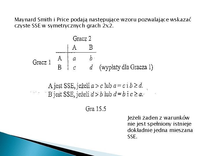 Maynard Smith i Price podają następujące wzoru pozwalające wskazać czyste SSE w symetrycznych grach
